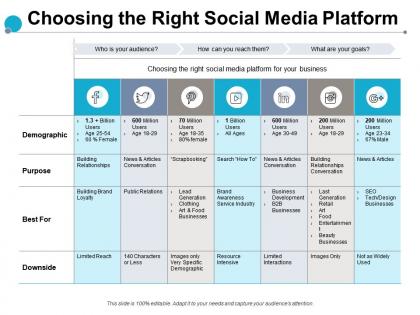 Choosing the right social media platform purpose demographic ppt slide