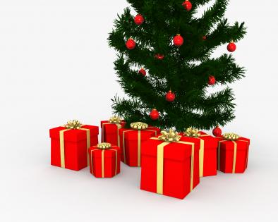 Christmas tree with red gift boxes for celebration stock photo