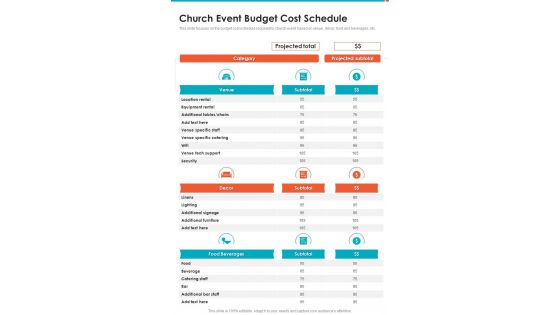 Church Event Budget Cost Schedule One Pager Sample Example Document