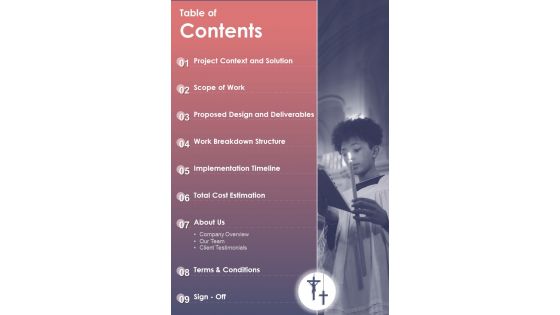 Church Project Proposal Table Of Contents One Pager Sample Example Document