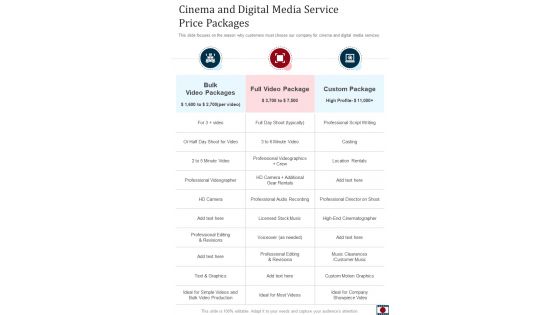 Cinema And Digital Media Service Price Packages One Pager Sample Example Document
