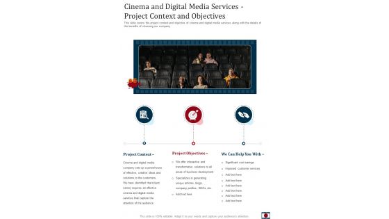 Cinema And Digital Media Services Project Context And Objectives One Pager Sample Example Document