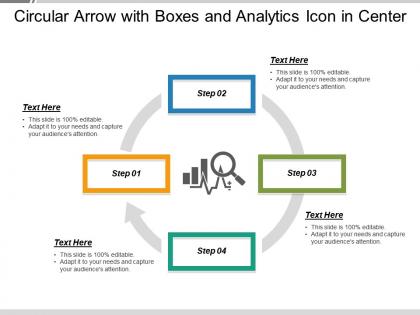 Circular arrow with boxes and analytics icon in center