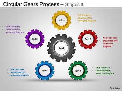 Circular gears flowchart process diagram stages 5 ppt templates 0412