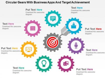 Circular gears with business apps and target achievement flat powerpoint design