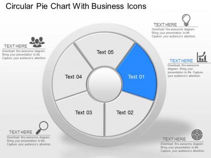 Circular pie chart with business icons powerpoint template slide