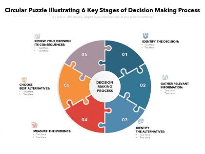 Circular puzzle illustrating 6 key stages of decision making process
