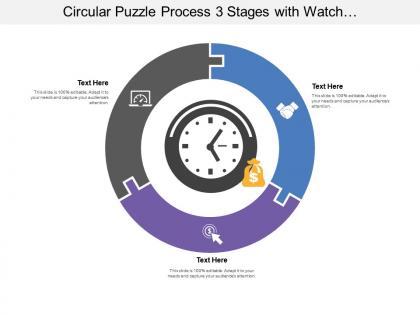 Circular puzzle process 03 stages with watch and money icon