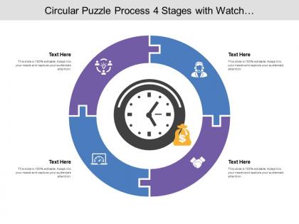 Circular puzzle process 04 stages with watch and money icon