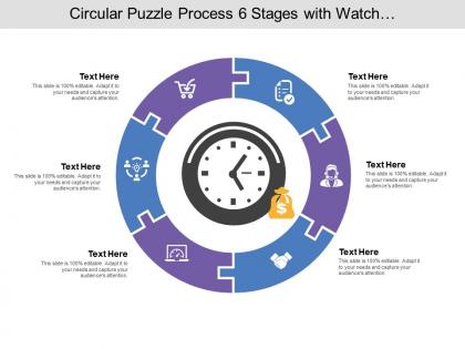 Circular puzzle process 06 stages with watch and money icon