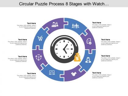 Circular puzzle process 08 stages with watch and money icon