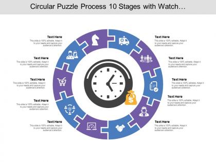 Circular puzzle process 10 stages with watch and money icon
