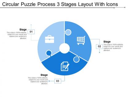 Circular puzzle process 3 stages layout with icons