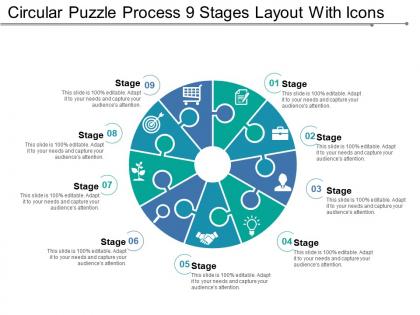 Circular puzzle process 9 stages layout with icons
