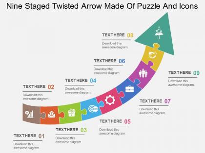 Cl nine staged twisted arrow made of puzzle and icons flat powerpoint design