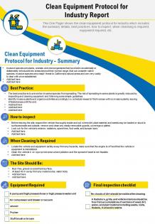 Clean equipment protocol for industry report presentation report infographic ppt pdf document