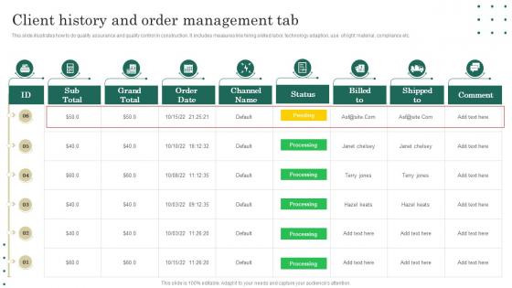 Client History And Order Management Tab