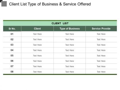 Client list type of business and service offered