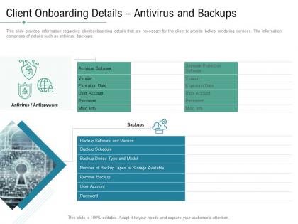 Client onboarding details antivirus and backups technology service provider solutions ppt graphics