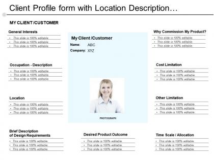 Client profile form with location description interests