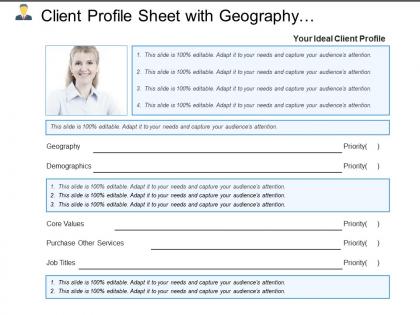 Client profile sheet with geography demographics and core values