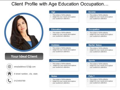 Client profile with age education occupation sports and notes