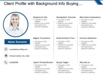 Client profile with background info buying trigger and common objections