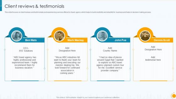 Client Reviews And Testimonials Travel Bureau Company Profile Ppt Professional Graphics Example