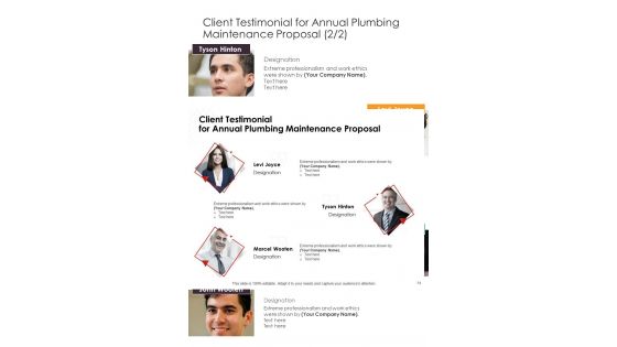 Client Testimonial For Annual Plumbing Maintenance Proposal One Pager Sample Example Document