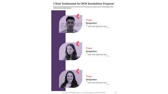 Client Testimonial For Dos Instalaltion Proposal One Pager Sample Example Document