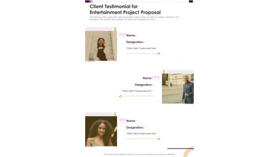 Client Testimonial For Entertainment Project Proposal One Pager Sample Example Document
