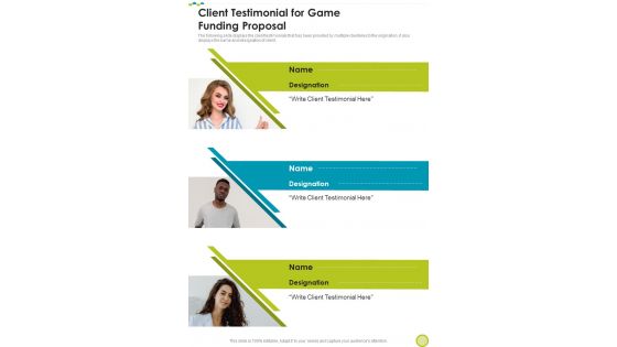 Client Testimonial For Game Funding Proposal One Pager Sample Example Document