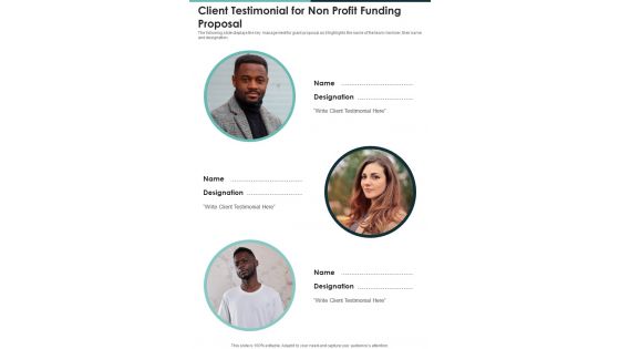 Client Testimonial For Non Profit Funding Proposal One Pager Sample Example Document