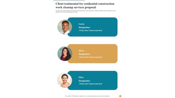 Client Testimonial For Residential Construction Work Cleanup Services One Pager Sample Example Document
