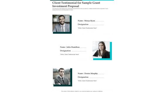 Client Testimonial For Sample Grant Investment Proposal One Pager Sample Example Document