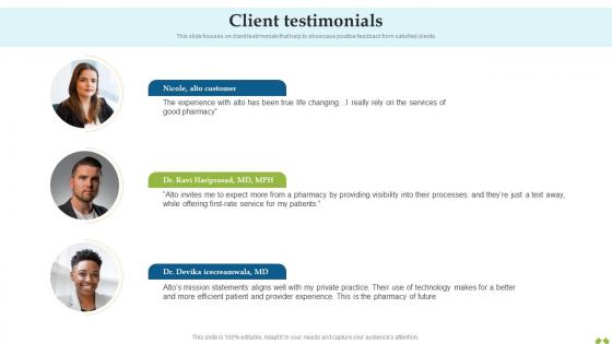 Client Testimonials Alto Pharmacy Investor Funding Elevator Pitch Deck