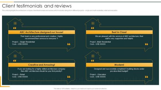 Client Testimonials And Reviews Architecture Company Profile Ppt Sample