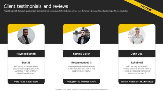 Client Testimonials And Reviews Security Services Business Profile Ppt Brochure
