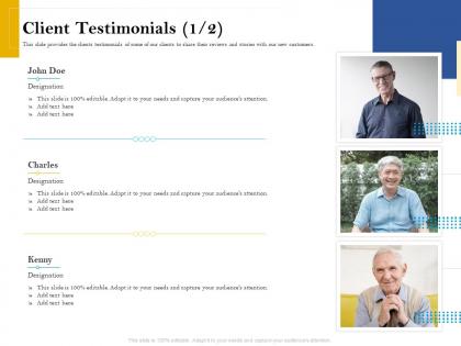 Client testimonials designation retirement analysis ppt infographic template vector