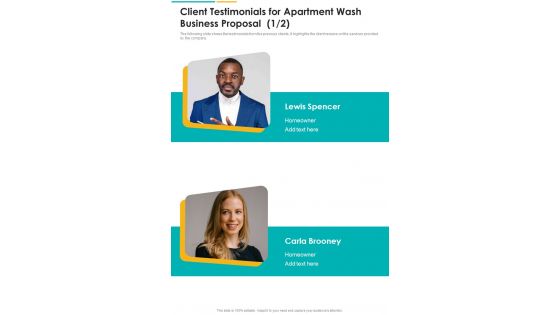 Client Testimonials For Apartment Wash Business Proposal One Pager Sample Example Document