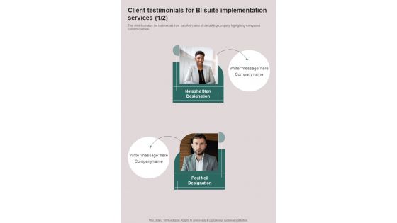 Client Testimonials For BI Suite Implementation One Pager Sample Example Document