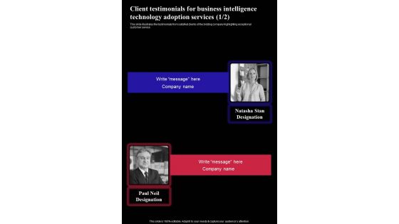 Client Testimonials For Business Intelligence Technology Adoption One Pager Sample Example Document