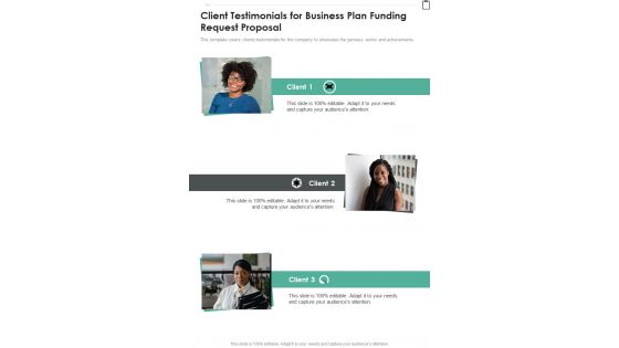 Client Testimonials For Business Plan Funding Request Proposal One Pager Sample Example Document