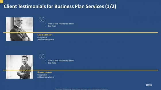 Client testimonials for business plan services ppt slides guide