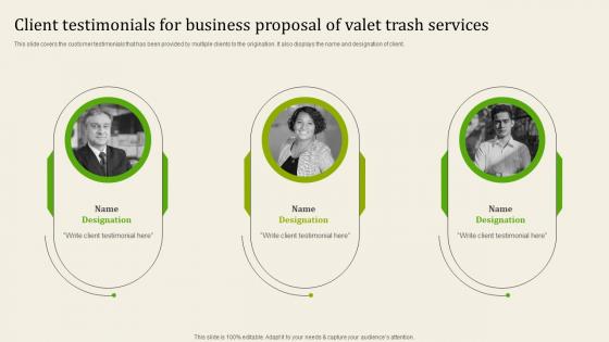 Client Testimonials For Business Proposal Of Valet Garbage Collection Services Proposal