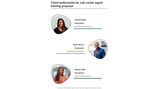 Client Testimonials For Call Center Agent Training Proposal One Pager Sample Example Document