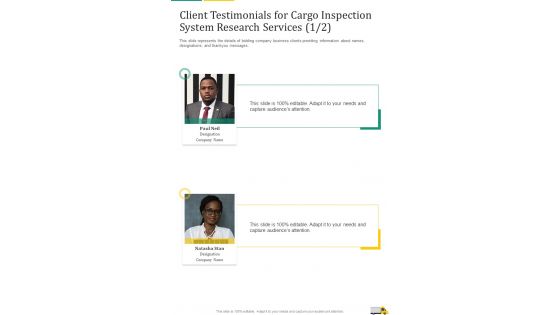 Client Testimonials For Cargo Inspection System Research Services One Pager Sample Example Document