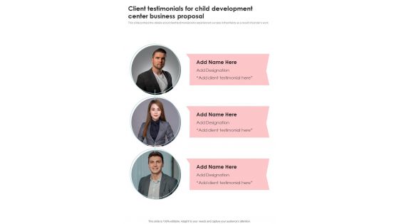 Client Testimonials For Child Development Center Business Proposal One Pager Sample Example Document