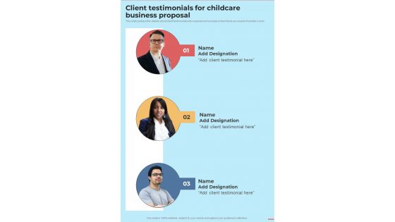 Client Testimonials For Childcare Business Proposal One Pager Sample Example Document