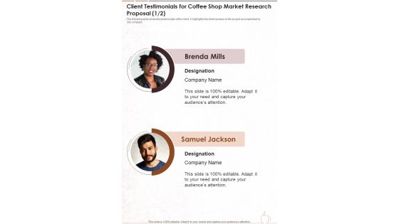 Client Testimonials For Coffee Shop Market Research Proposal One Pager Sample Example Document